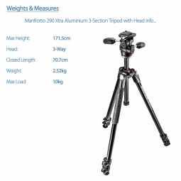 Manfrotto 290 Xtra Aluminium 3-Section Tripod with 3-Way head | MK290XTA3-3W